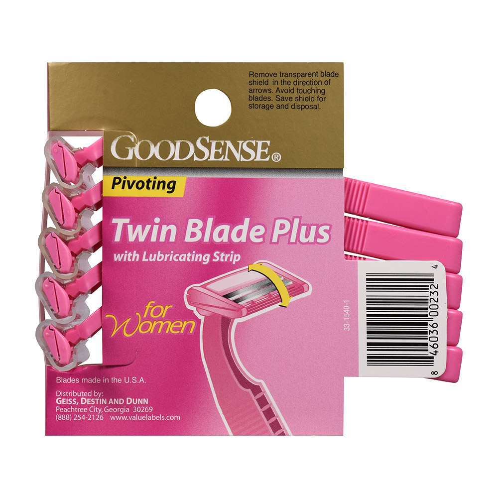 Image shows package back of GoodSense® Pivoting Twin Blade Plus Razors, Women, Lubricating Strip
