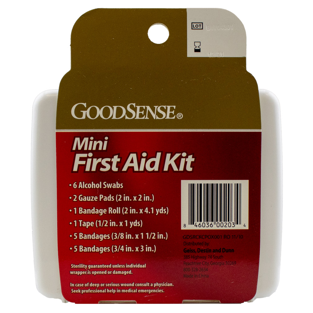 Incl: 6 alcohol swabs; 2 gauze pads; 1 bandage roll; 1 tape; 5 3/8" bandages; 5 3/4" bandages