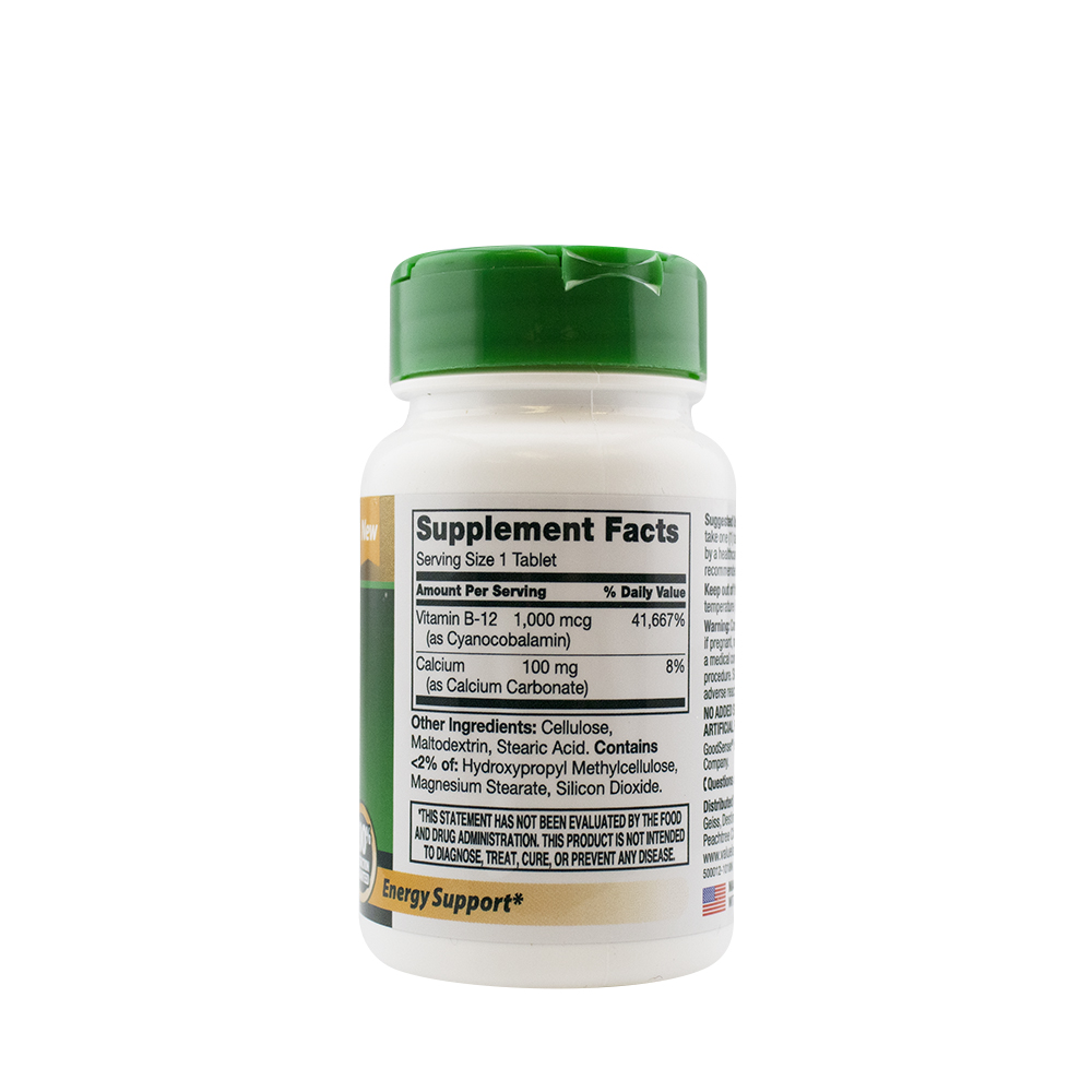 This product has 1000 mcg Vitamin B-12 and 100 mg Calcium per serving