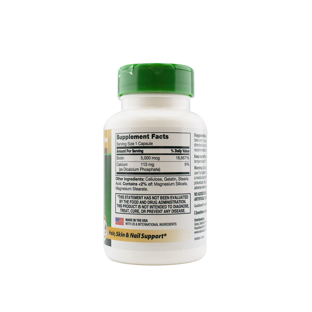 This product has 5000 mcg Biotin and 113 mg Calcium per serving