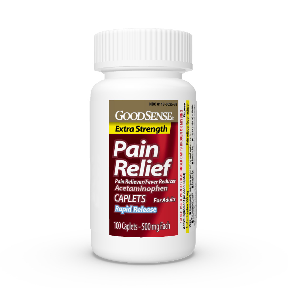 View of bottle of GoodSense® Pain Relief XS 500 mg Rapid Release Caplets