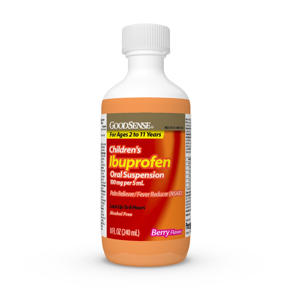 View of bottle of GoodSense&reg; Children's Ibuprofen 100 mg Oral Suspension Berry 8 fl oz/ea