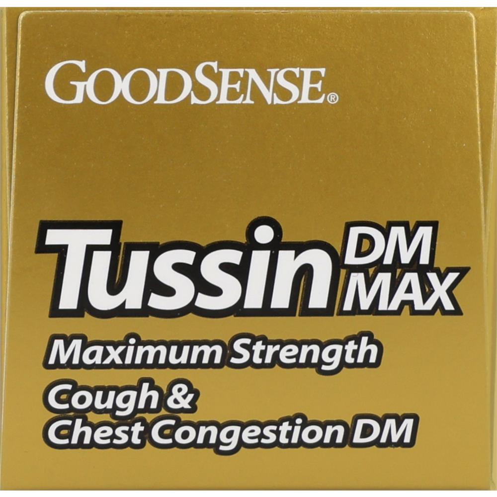 View of bottle of GoodSense® Tussin DM Max Cough & Chest Congestion 20 mg/400 mg 4 fl oz/ea