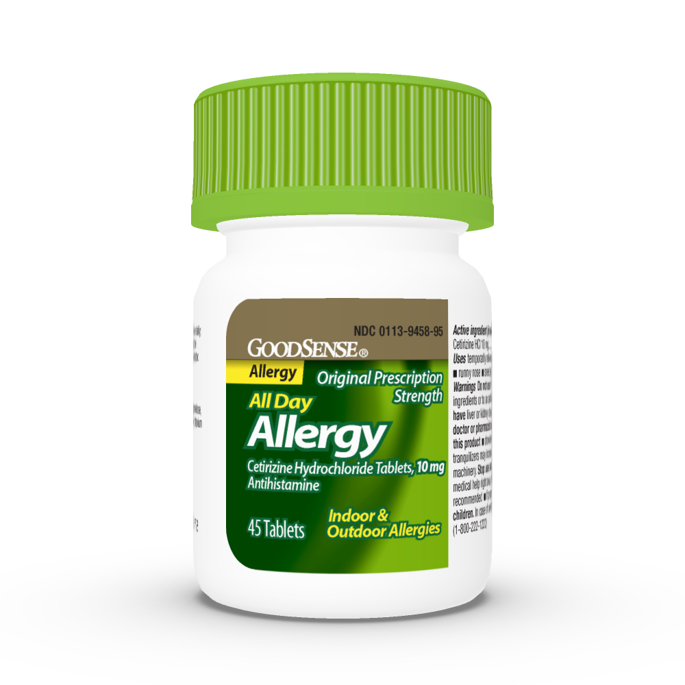 View of bottle of GoodSense® All Day Allergy Relief, Cetirizine HCl Tablets 10 mg, 45/ea
