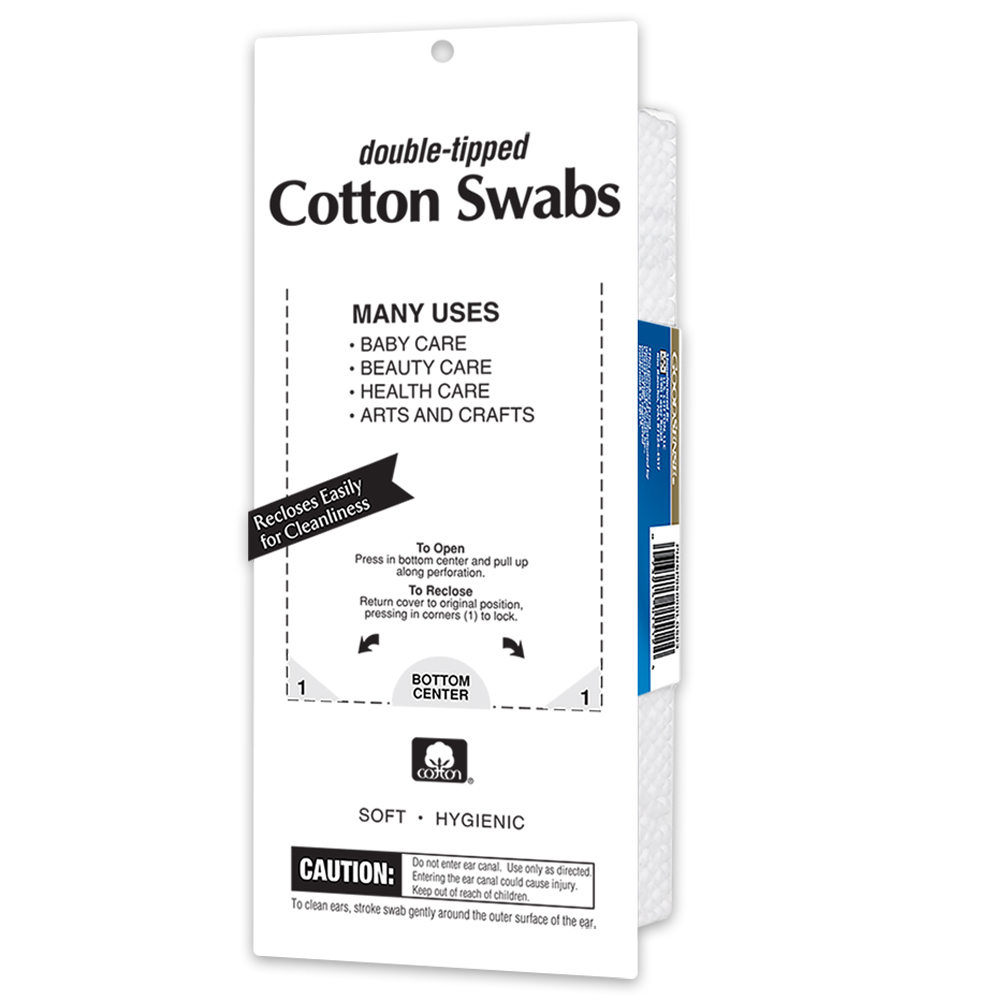 Back of package. Double-tipped. Uses: baby care, beauty, health, arts & crafts.  Soft & hygienic