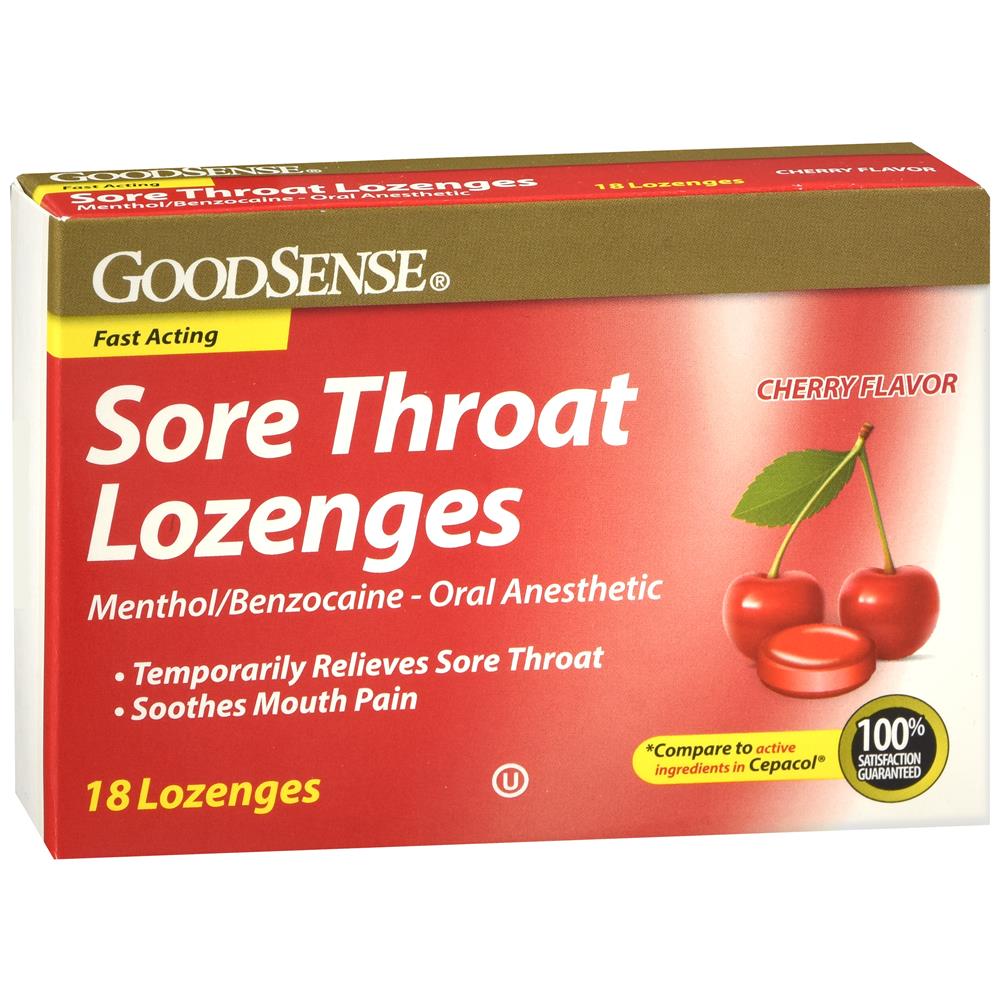 GoodSense&reg; Sore Throat Lozenges, Menthol/Benzocaine, Cherry Flavor, 18 Count