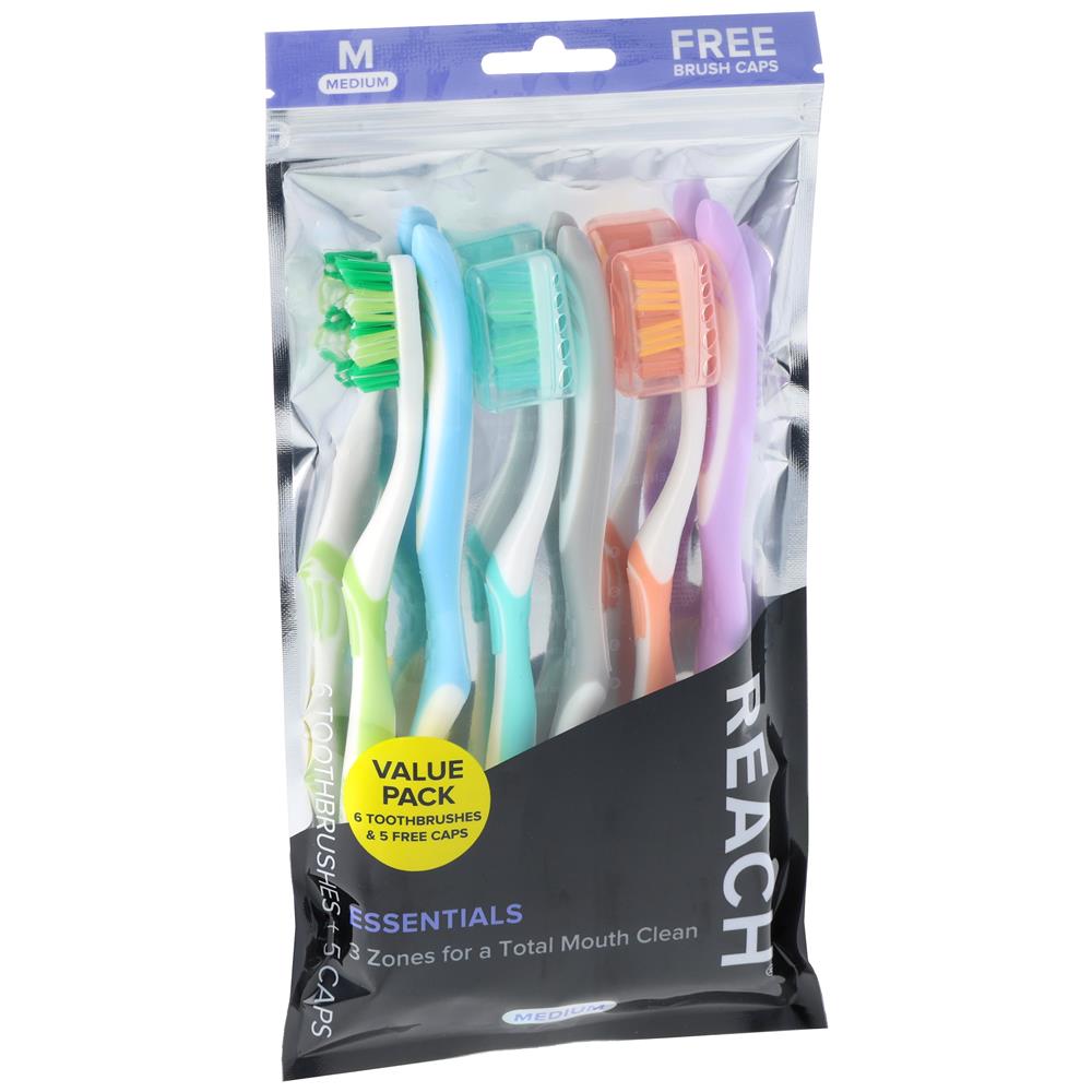 Reach® Essentials Medium Toothbrush with 5-Caps, 6 Toothbrushes